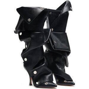 🆕Women Black Knee High Stiletto Pointed Toe High Heels Wide Calf Slouchy Boots